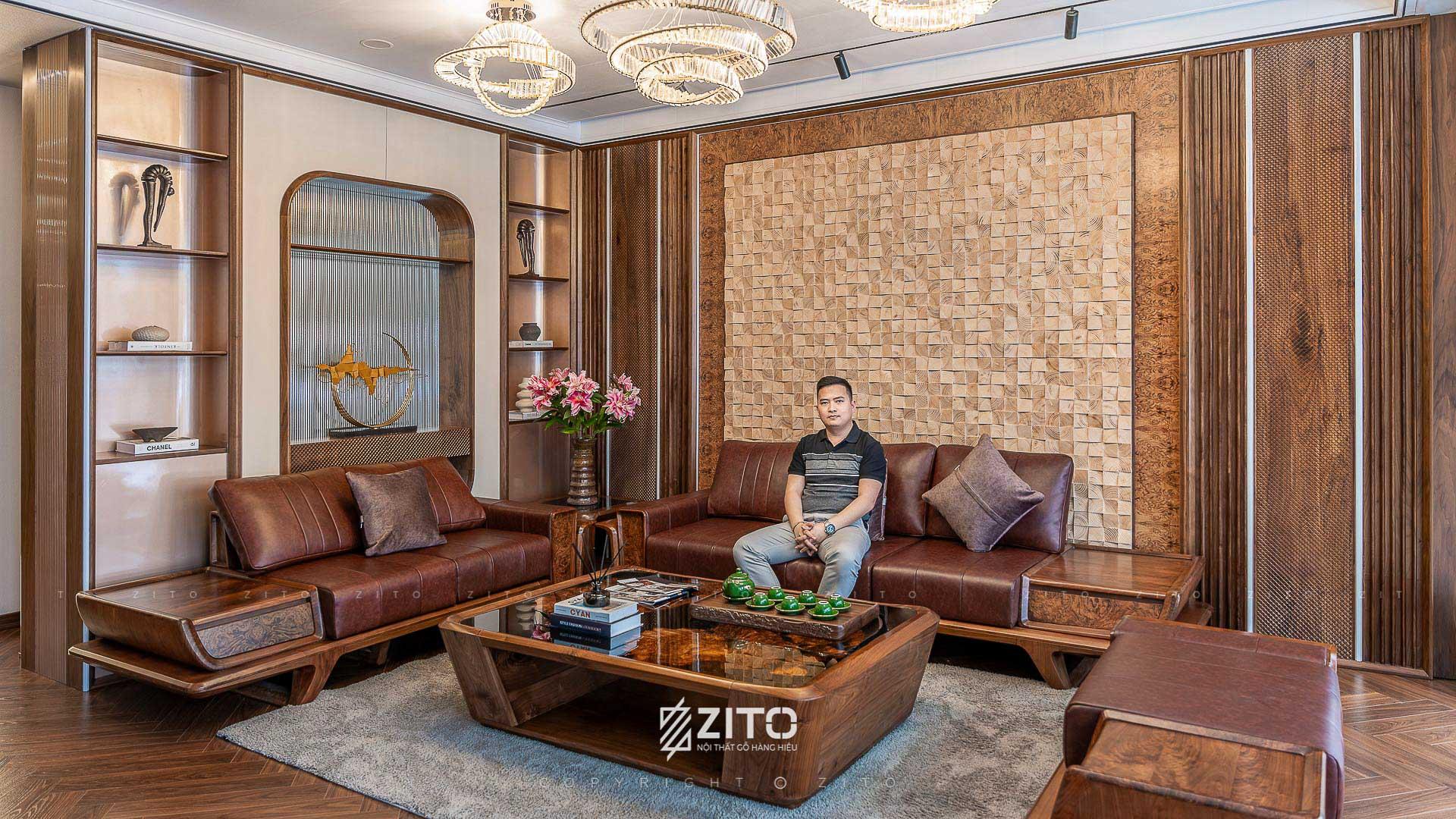 Thực tế thi công phòng khách nhà phố gỗ óc chó Hà Nội